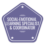 a purple and white sticker with the words social - emotional learning specialist & co